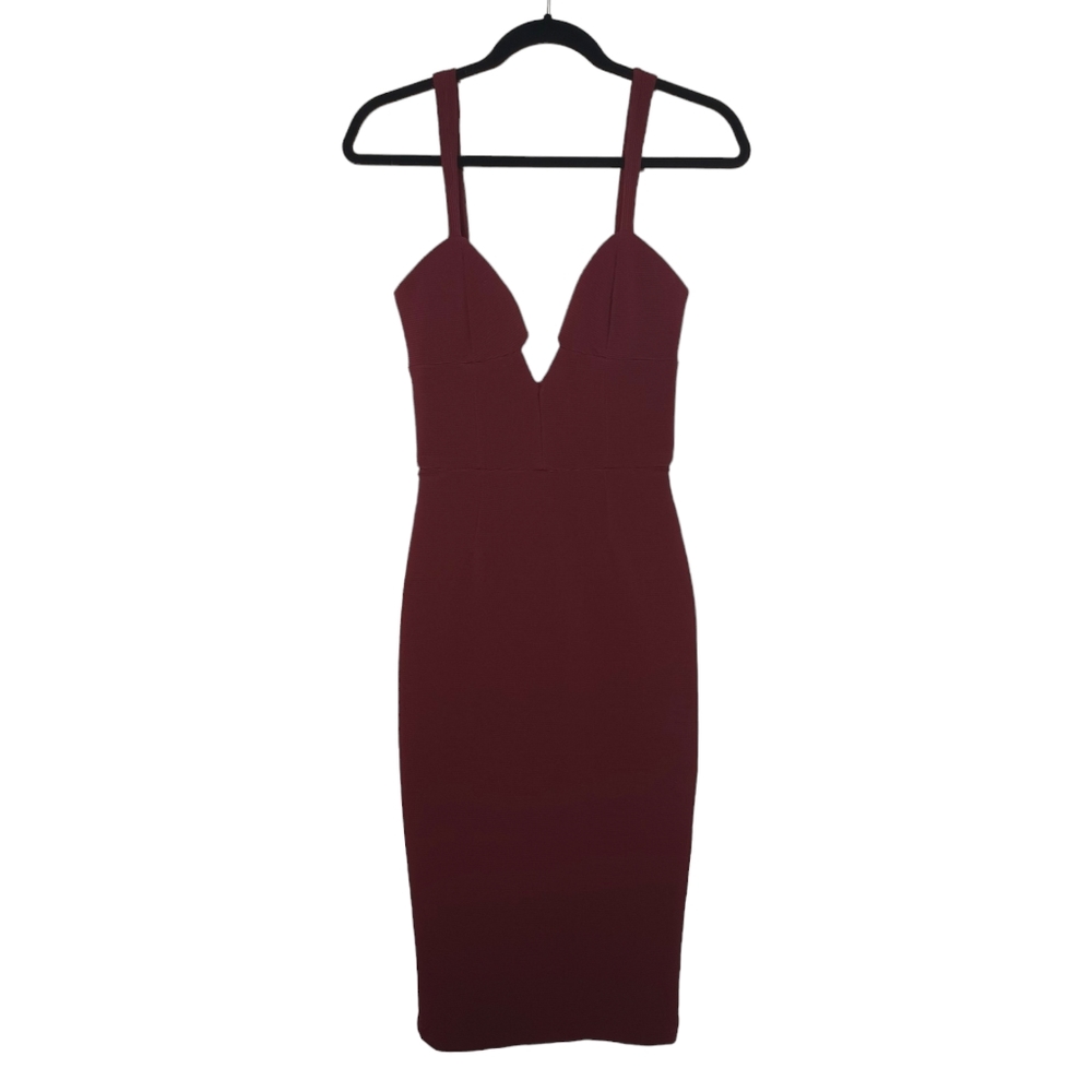 AGAIN Burgundy Wine Red Diamond Neckline Sheath Midi Party Cocktail Dress Small - Picture 4 of 8